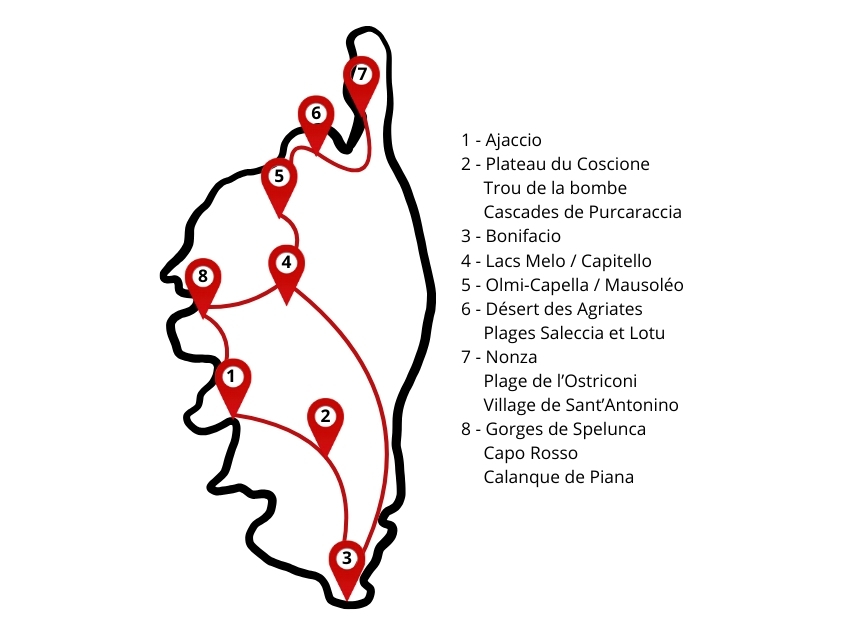 Carte pour un itinéraire road trip de 12 jours en Corse